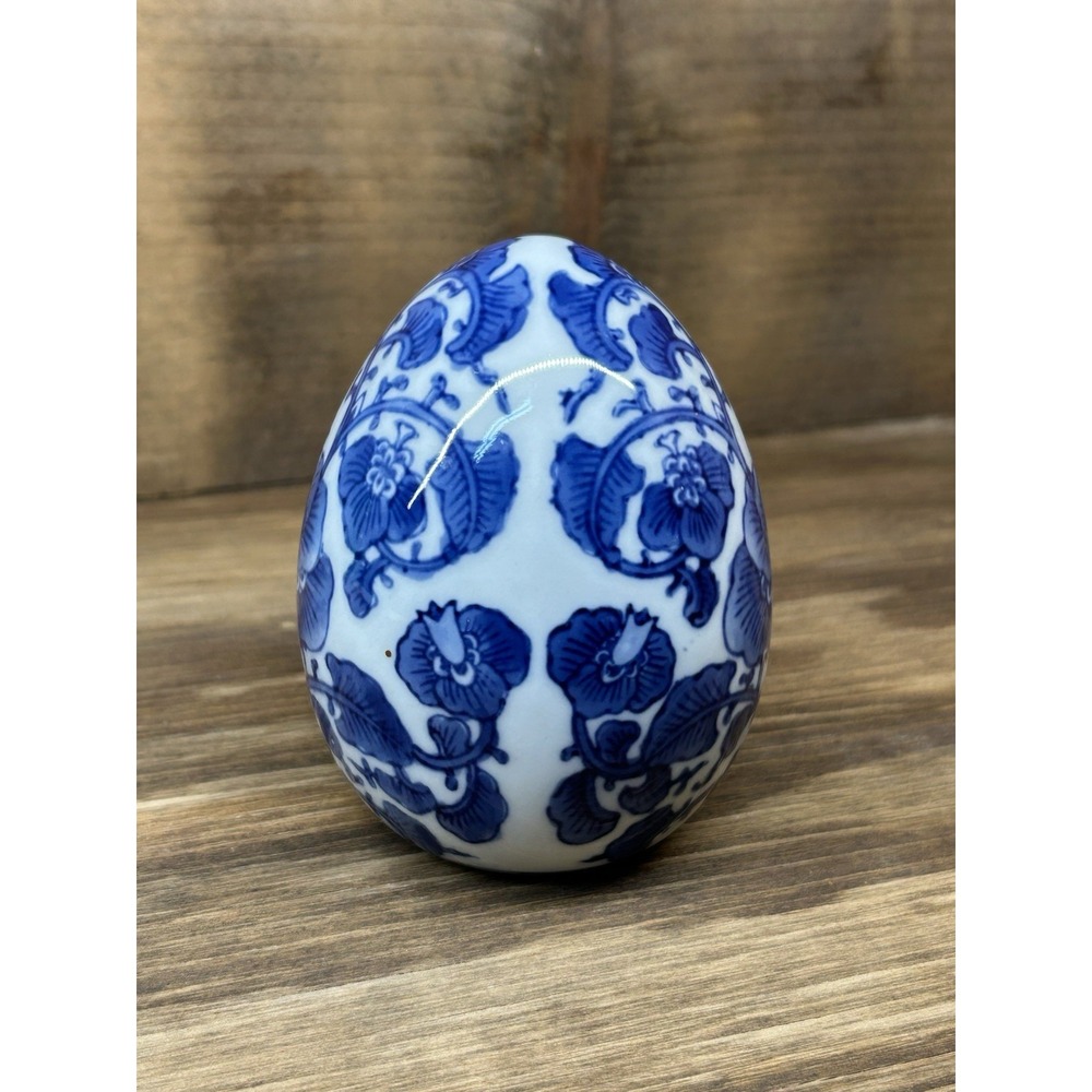 Vintage Cobalt Blue & White Floral Porcelain 4.25" Tall Egg
